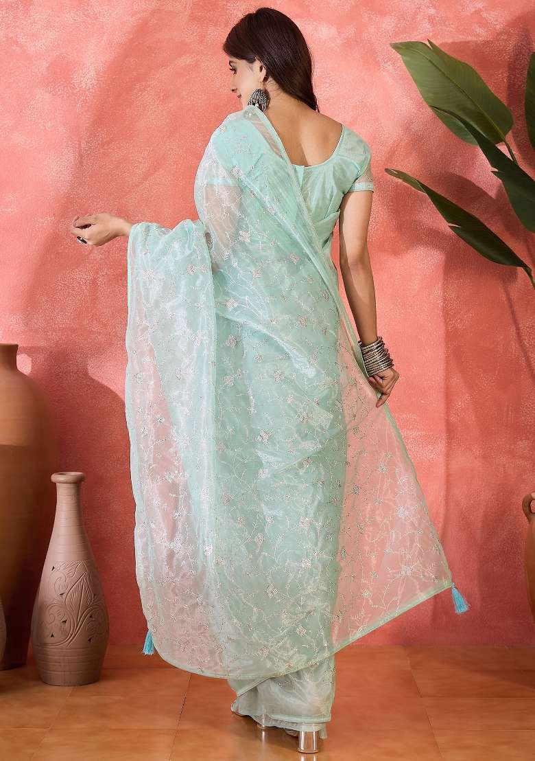 Green Embroidered Net Saree Set - Indya