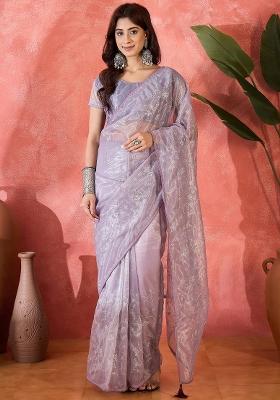 Purple Embroidered Net Saree Set