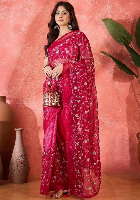 Red Embroidered Net Saree Set