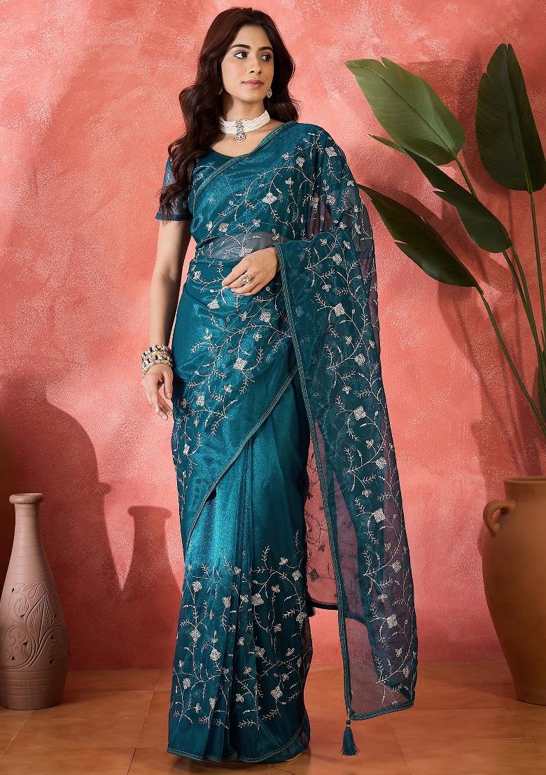 Blue Embroidered Net Saree Set