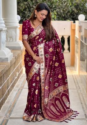 Maroon Embroidered Silk Saree Set
