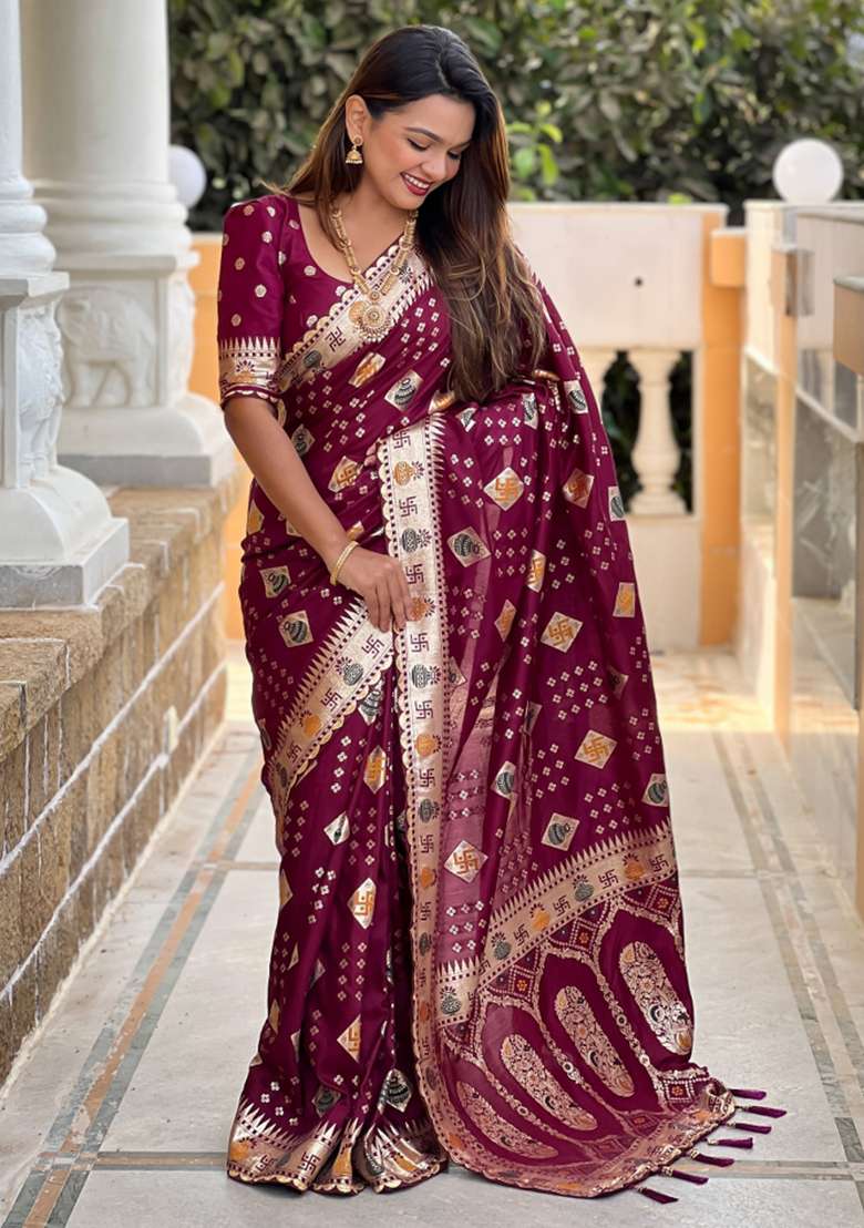 Maroon Embroidered Silk Saree Set - Indya