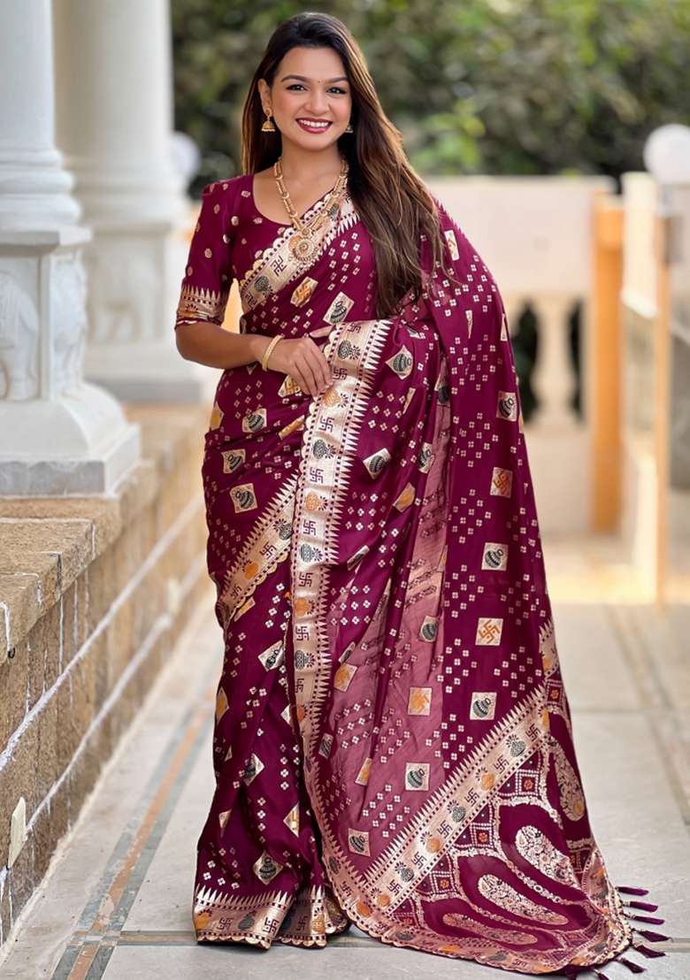 Maroon Embroidered Silk Saree Set - Indya