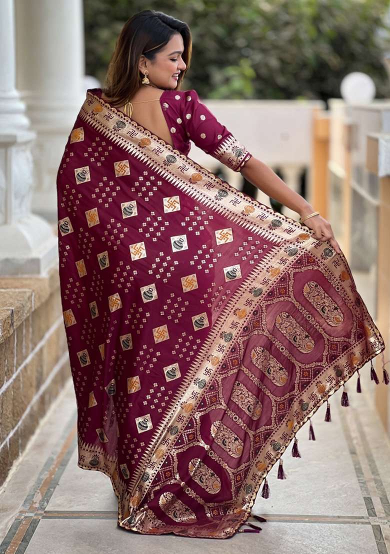 Maroon Embroidered Silk Saree Set - Indya