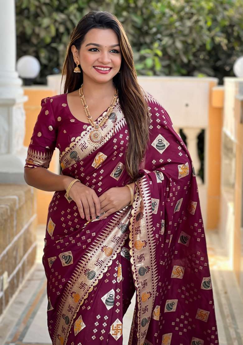 Maroon Embroidered Silk Saree Set - Indya