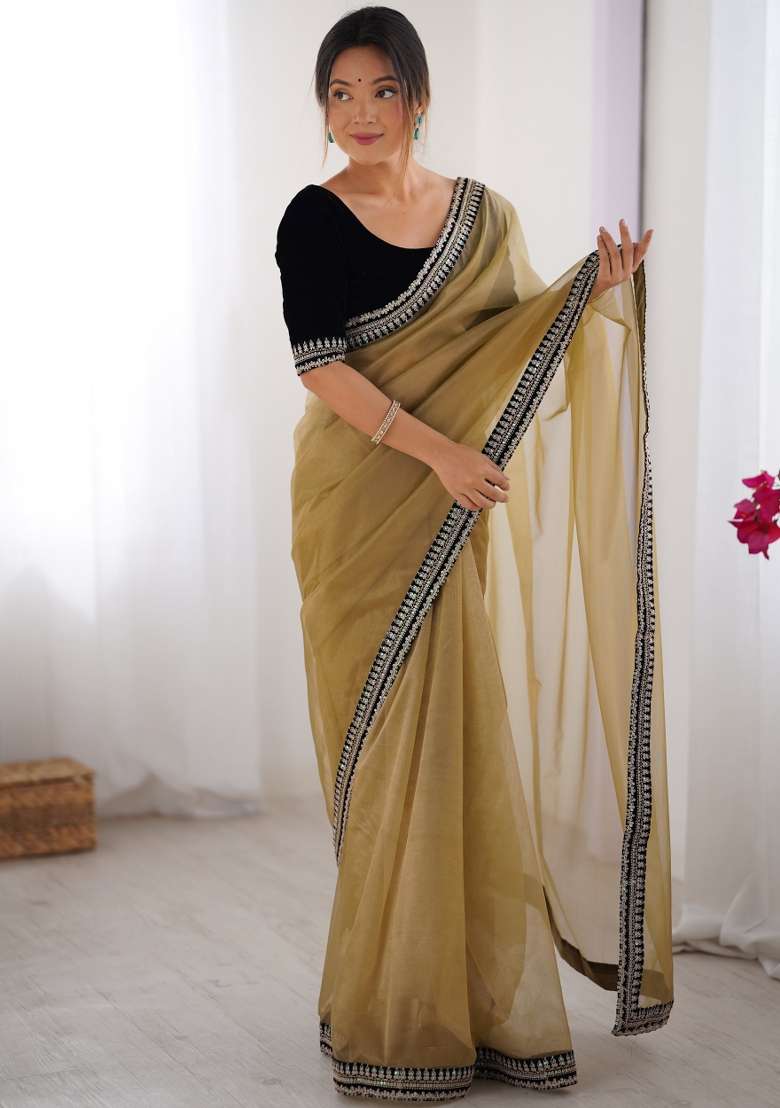 Beige Embroidered Net Saree Set - Indya