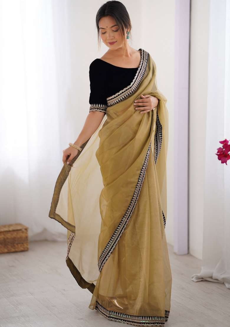 Beige Embroidered Net Saree Set - Indya