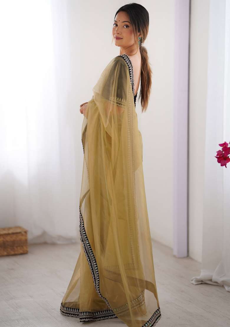 Beige Embroidered Net Saree Set - Indya