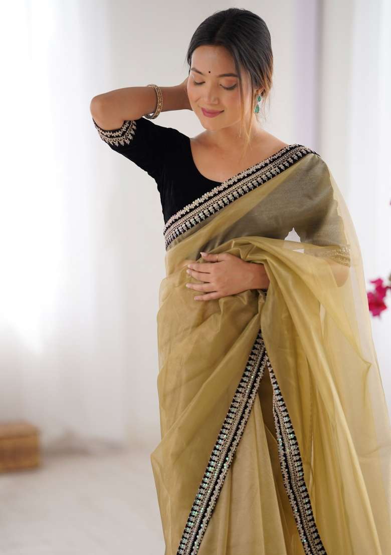 Beige Embroidered Net Saree Set - Indya