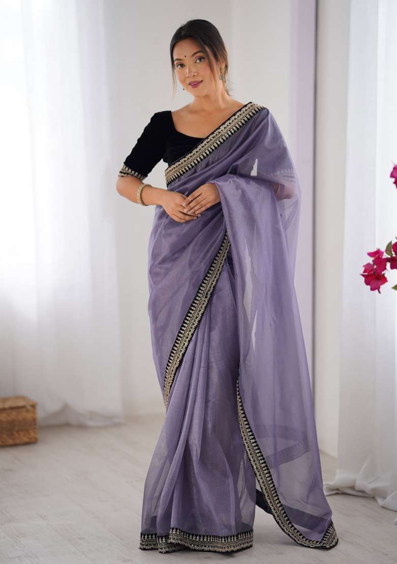 Purple Embroidered Net Saree Set - Indya
