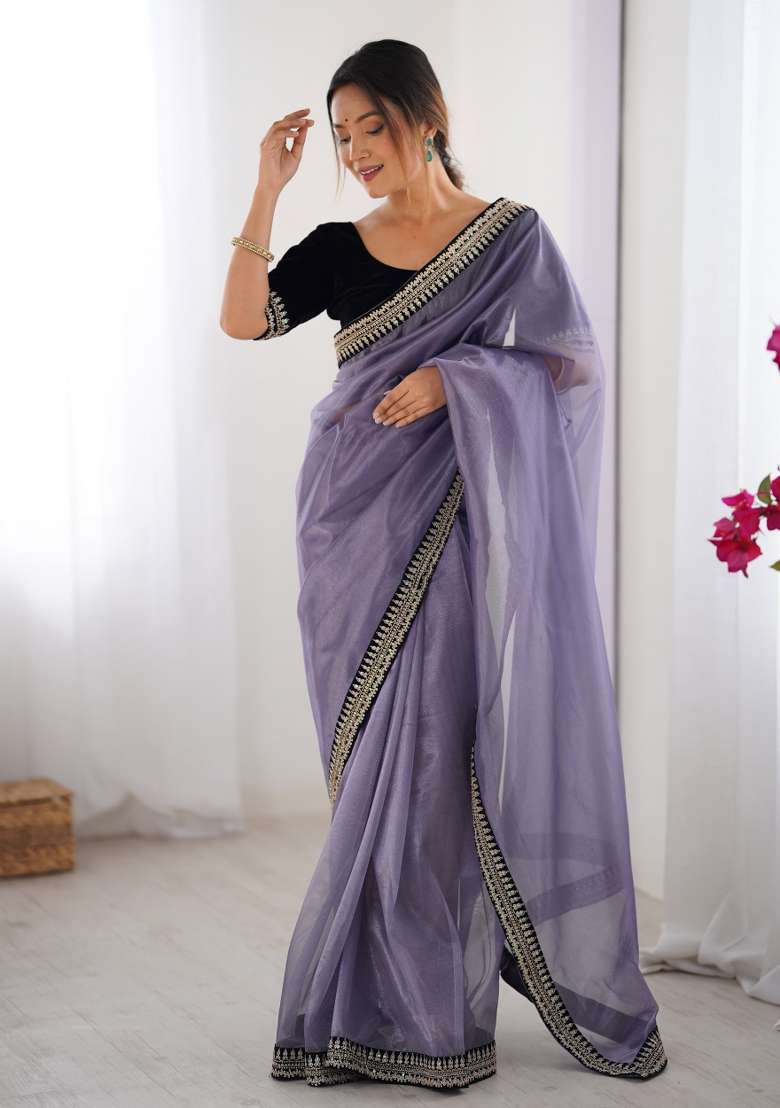 Purple Embroidered Net Saree Set - Indya