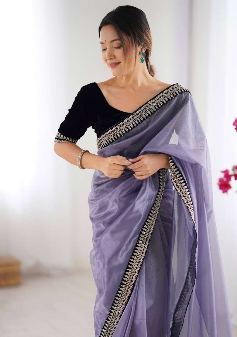 Purple Embroidered Net Saree Set - Indya