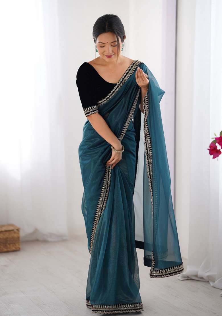 Blue Embroidered Net Saree Set - Indya