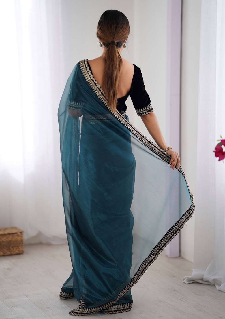 Blue Embroidered Net Saree Set - Indya