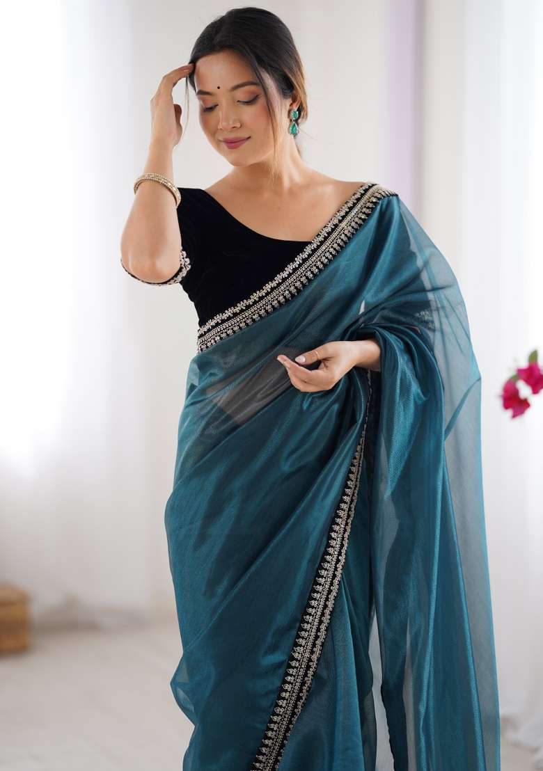 Blue Embroidered Net Saree Set - Indya