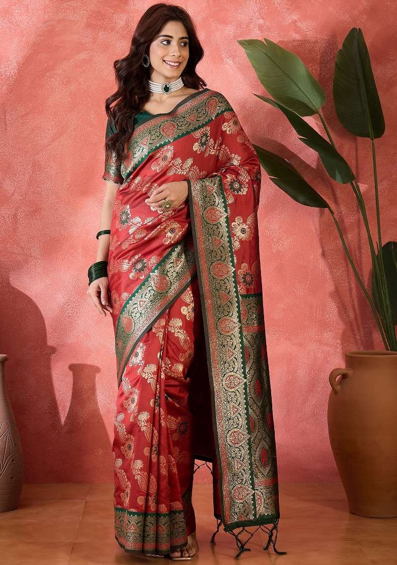 Maroon Embroidered Silk Saree Set - Indya