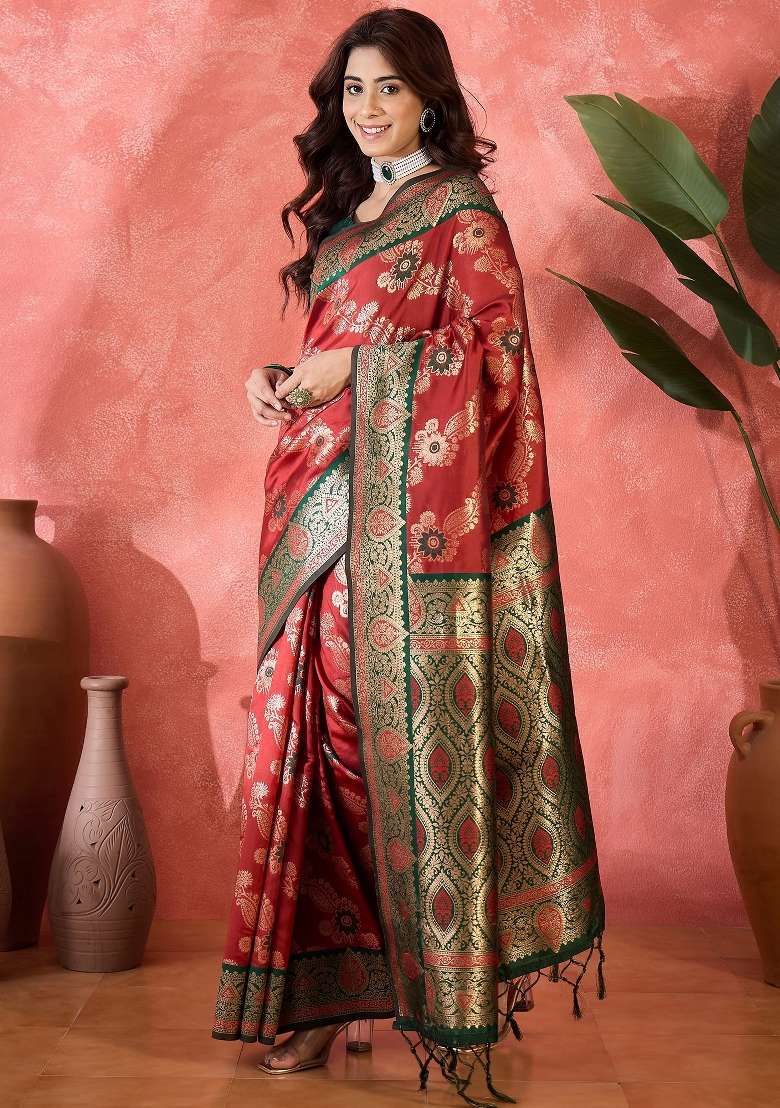 Maroon Embroidered Silk Saree Set - Indya