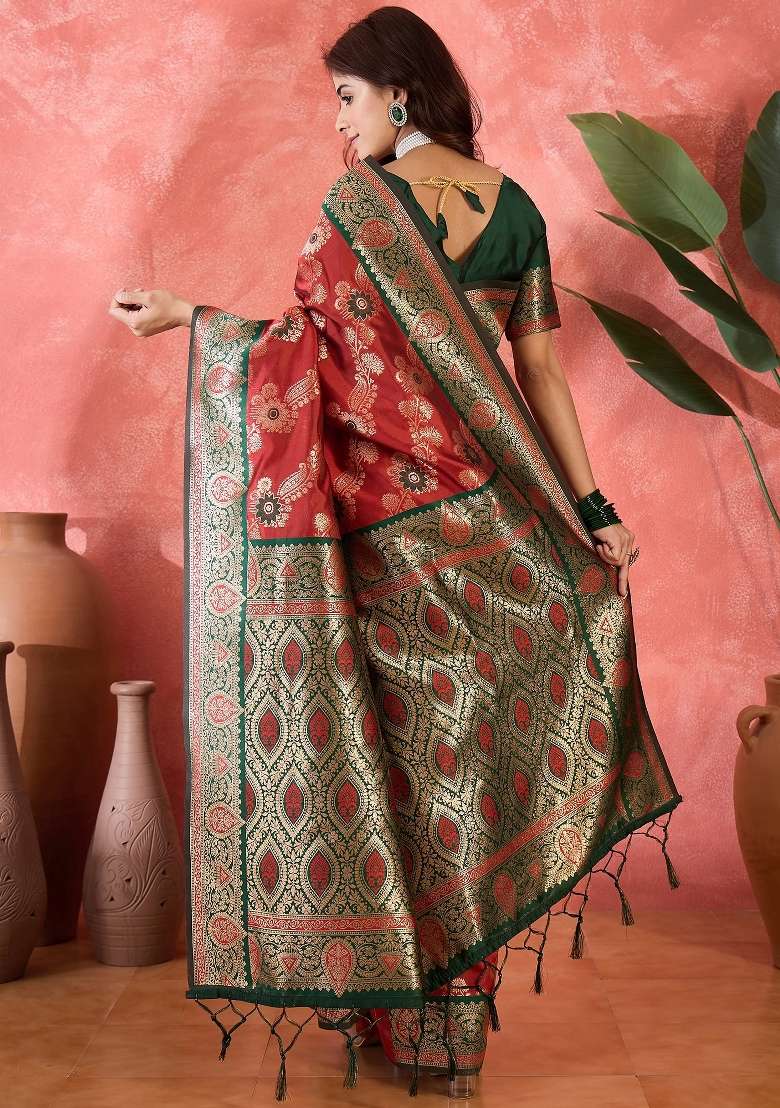Maroon Embroidered Silk Saree Set - Indya