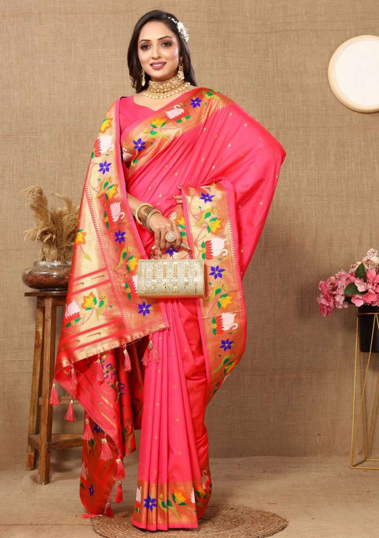 Brown Embroidered Silk Saree Set - Indya