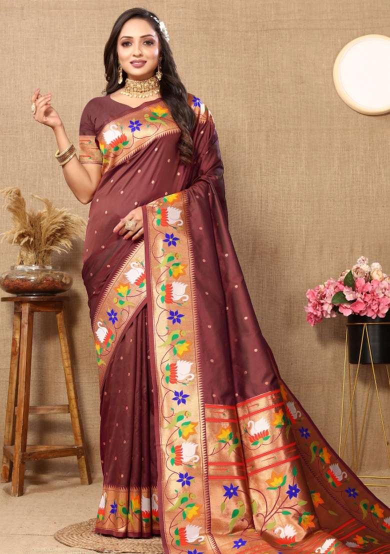 Brown Embroidered Silk Saree Set - Indya