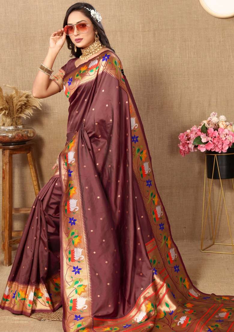 Brown Embroidered Silk Saree Set - Indya