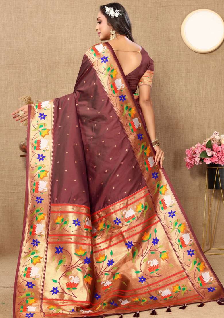 Brown Embroidered Silk Saree Set - Indya
