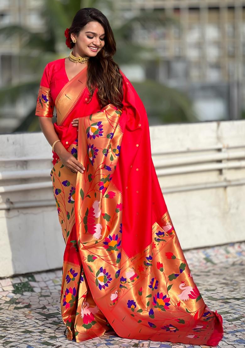 Red Embroidered Silk Saree Set