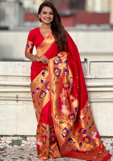 Red Embroidered Silk Saree Set