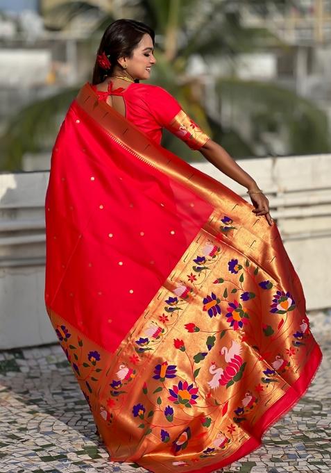 Red Embroidered Silk Saree Set