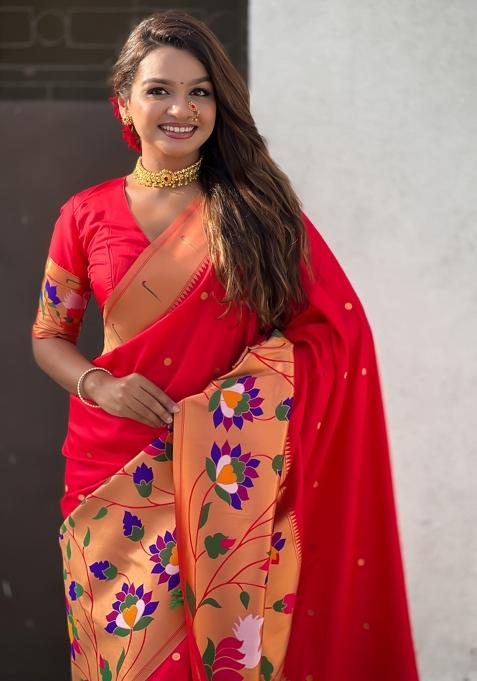 Red Embroidered Silk Saree Set