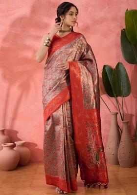 Brown Embroidered Silk Saree Set