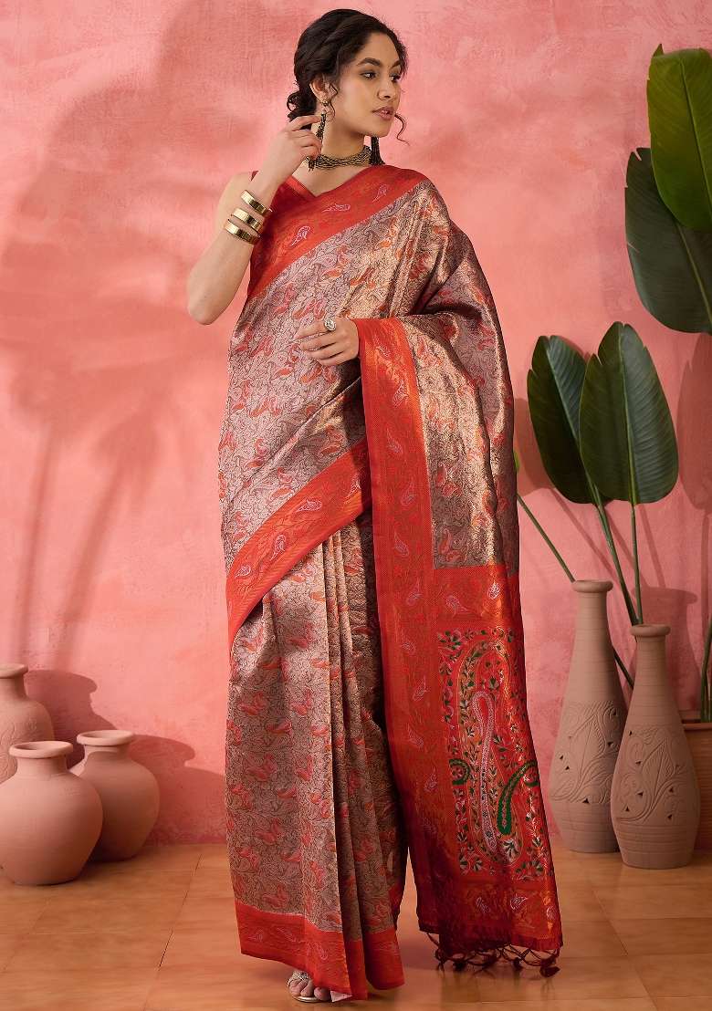 Brown Embroidered Silk Saree Set - Indya
