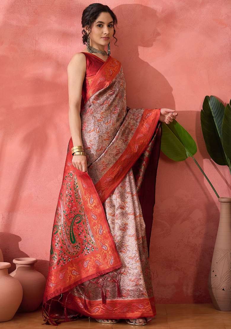 Brown Embroidered Silk Saree Set - Indya