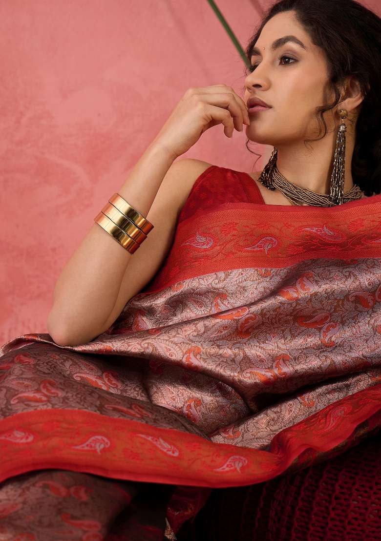 Brown Embroidered Silk Saree Set - Indya