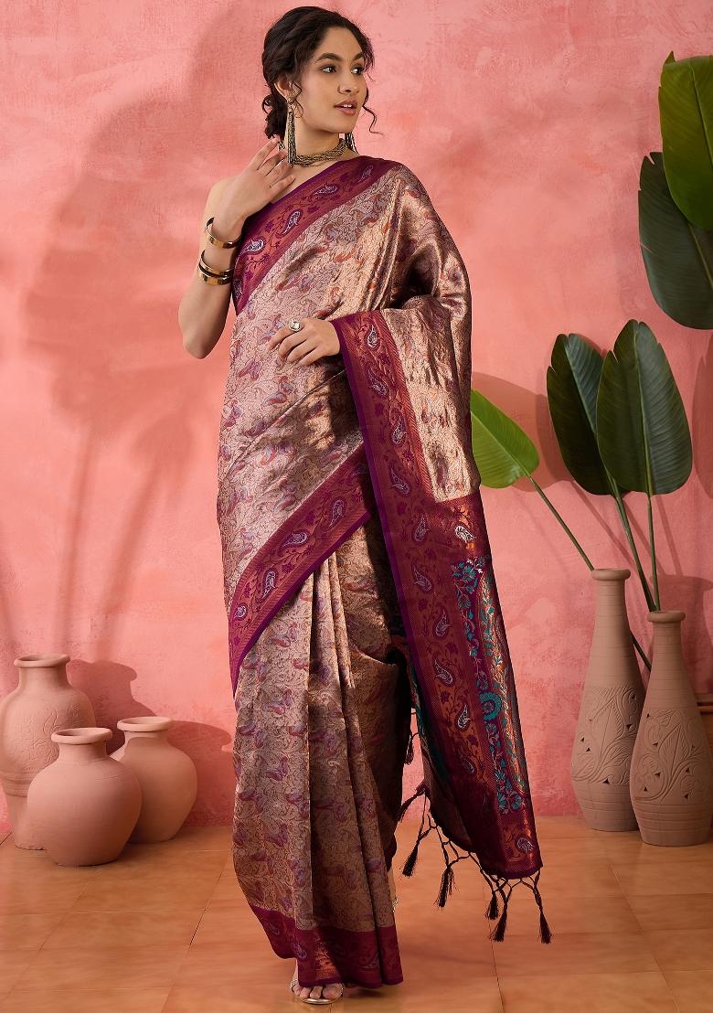 Wine Embroidered Silk Saree Set