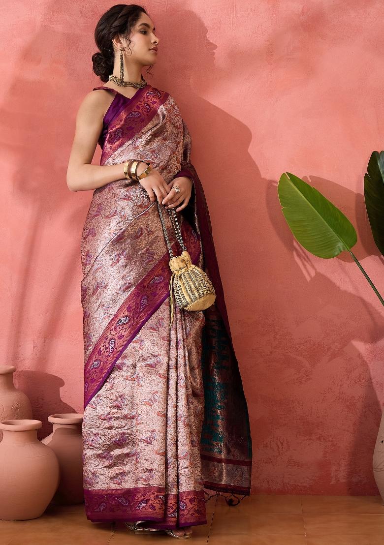 Wine Embroidered Silk Saree Set