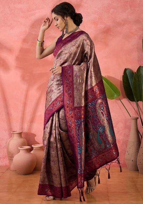 Wine Embroidered Silk Saree Set