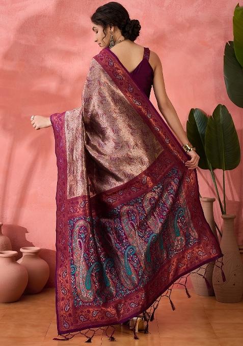 Wine Embroidered Silk Saree Set