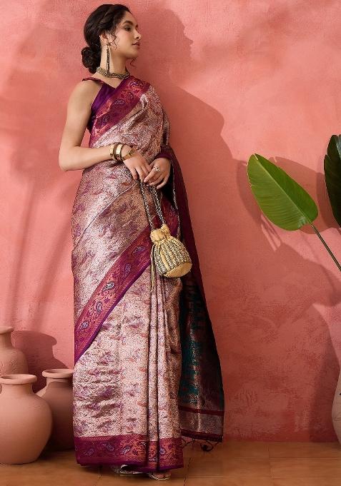 Wine Embroidered Silk Saree Set