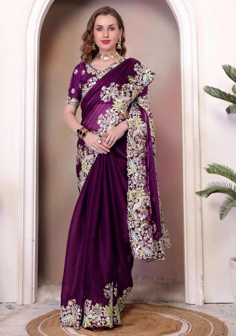 Wine Embroidered Blended Saree Set - Indya