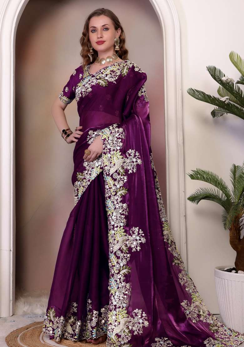 Wine Embroidered Blended Saree Set - Indya