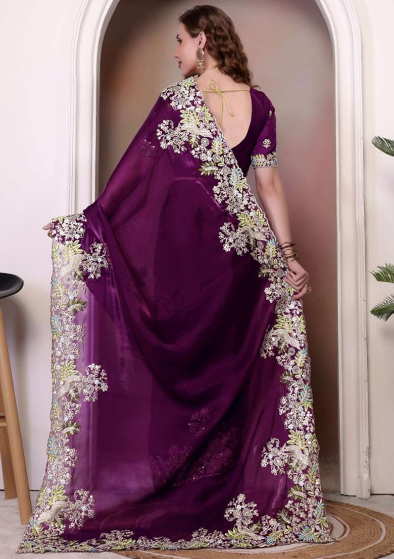 Wine Embroidered Blended Saree Set - Indya