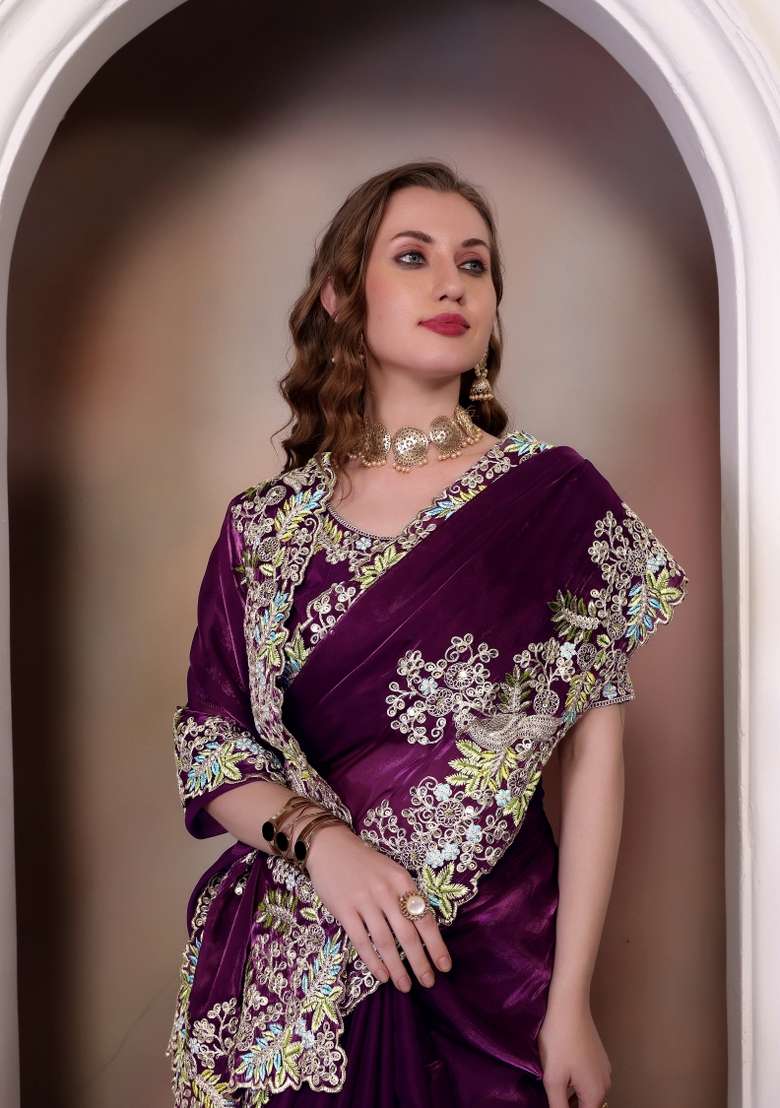 Wine Embroidered Blended Saree Set - Indya