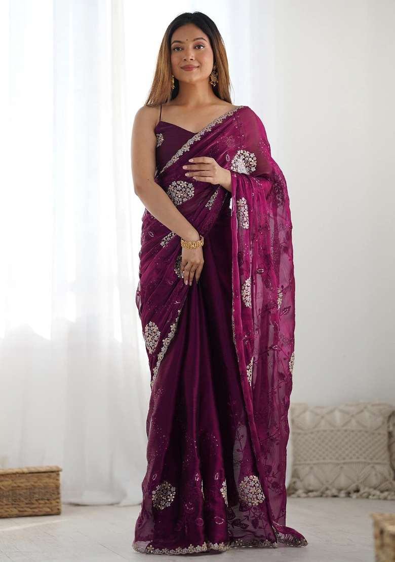 Wine Embroidered Blended Saree Set - Indya
