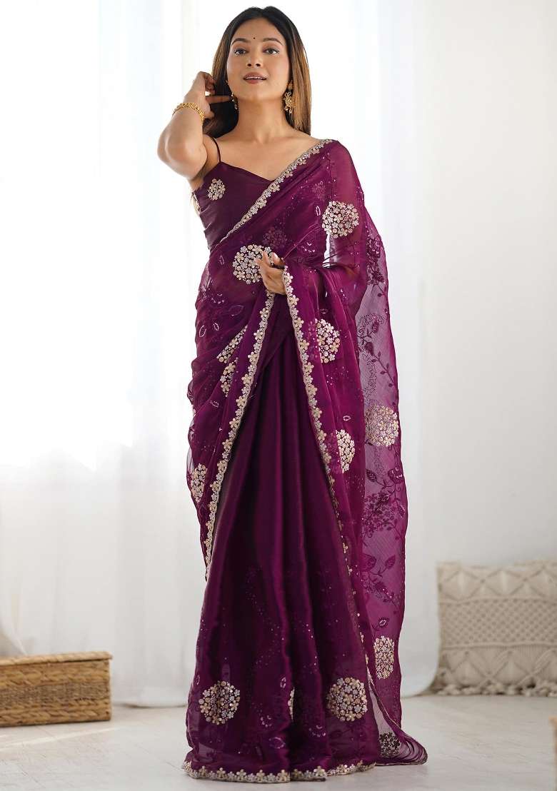 Wine Embroidered Blended Saree Set - Indya