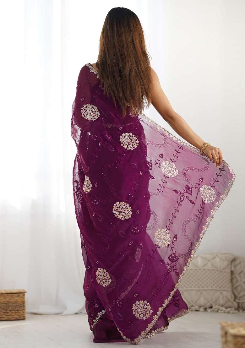 Wine Embroidered Blended Saree Set - Indya
