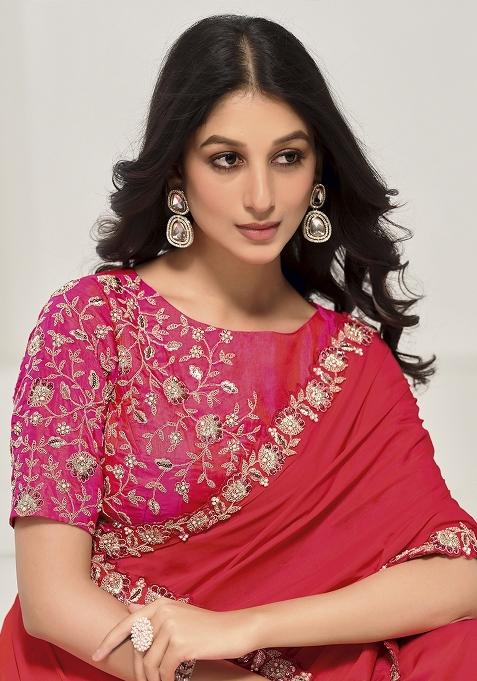 Red Embroidered Crepe Saree Set