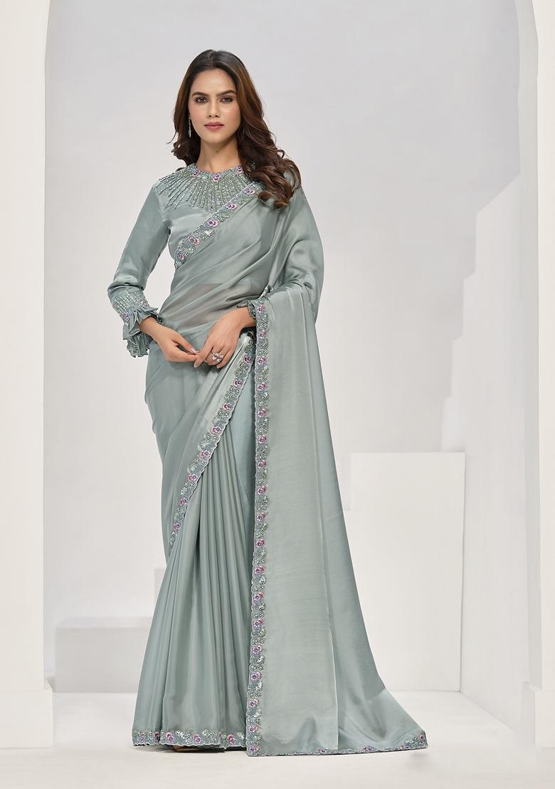 Green Embroidered Silk Saree Set