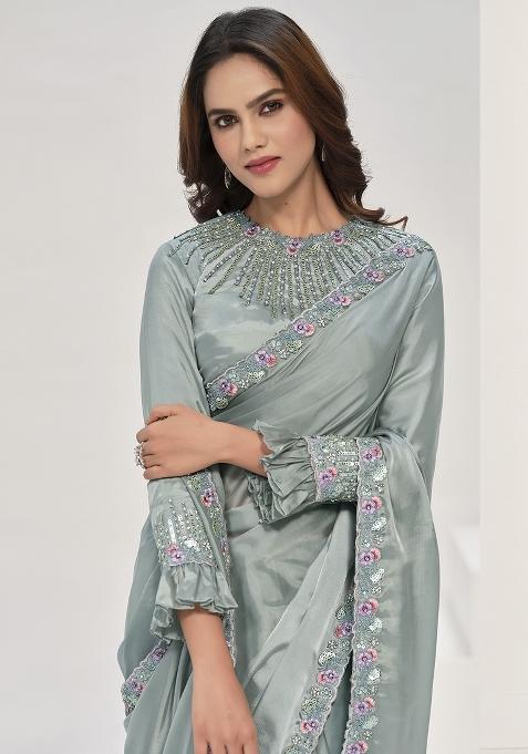 Green Embroidered Silk Saree Set