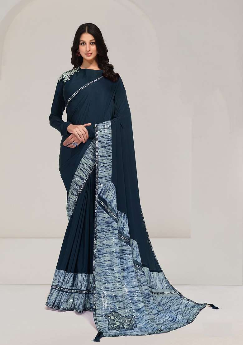 Blue Embroidered Crepe Saree Set - Indya
